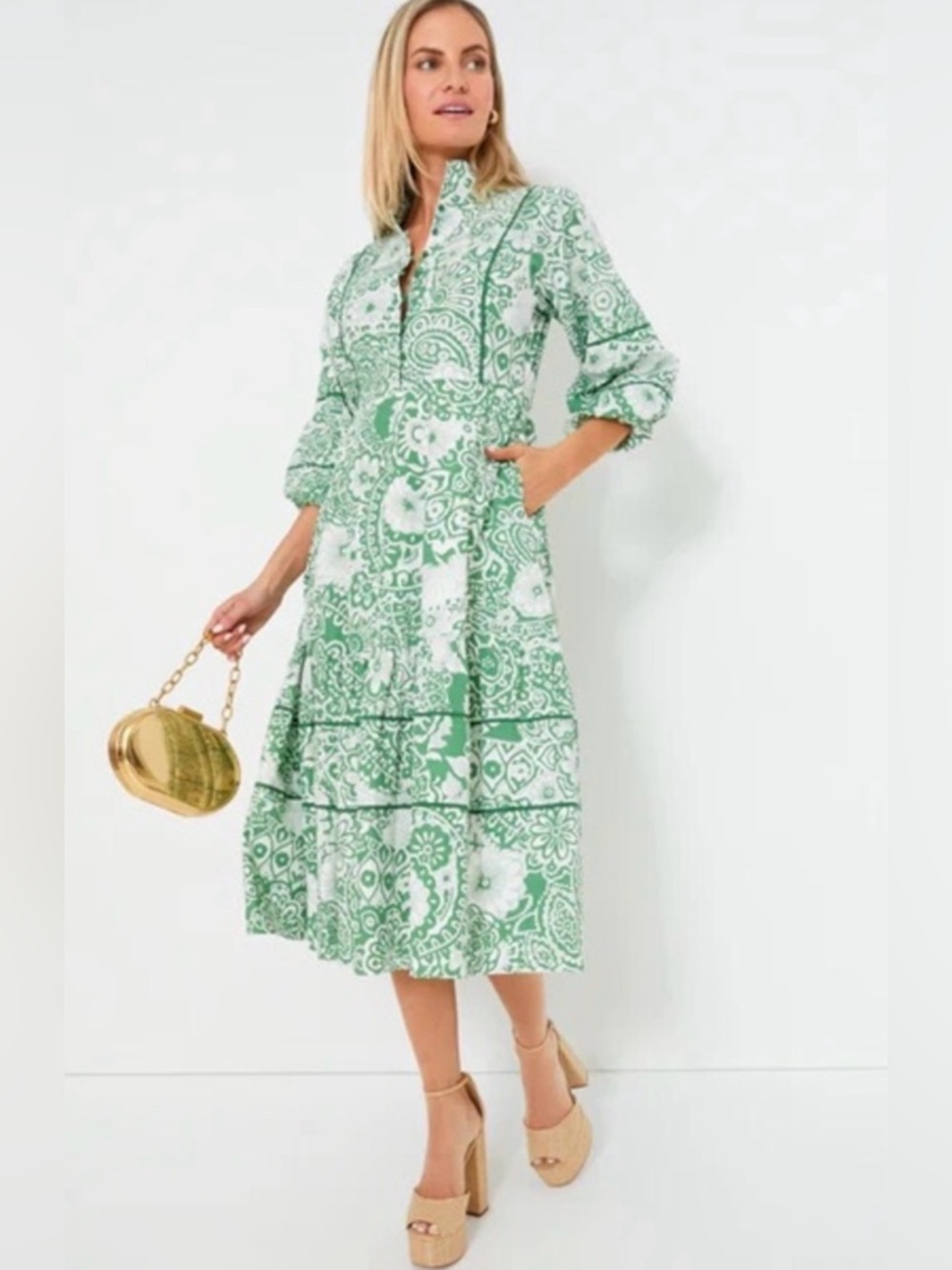 Hyacinth House Green Cuffed Sleeve Sundress with Mandarin Collar. Snall